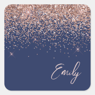 Roze Goud Roze Blauw Glitter Naam Vierkante Sticker