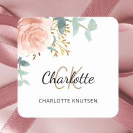 Roze goud roze bloem groen naam monogram vierkante sticker