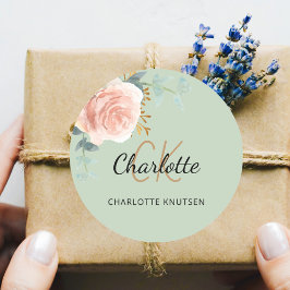 Roze goud roze bloem sage groen dank je ronde sticker