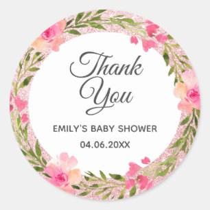 Roze Goud Roze Bloemenkrans Dank Je Baby Shower Ronde Sticker