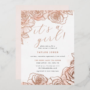 Roze Goud Roze Bloemige Het is een Meisje Baby Sho Folie Uitnodiging