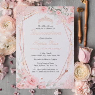 Roze Goud Roze Blush Vlinder Bloemige Quinceanera Folie Uitnodiging