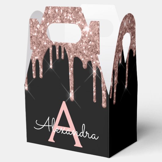 Roze Goud - Roze Blush Zwart Glitter Monogram Bedankdoosjes (Geopend)