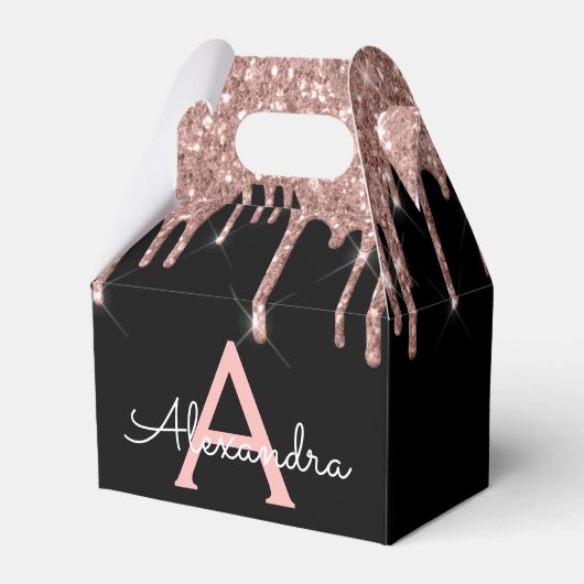 Roze Goud - Roze Blush Zwart Glitter Monogram Bedankdoosjes (Voorkant Zijde)