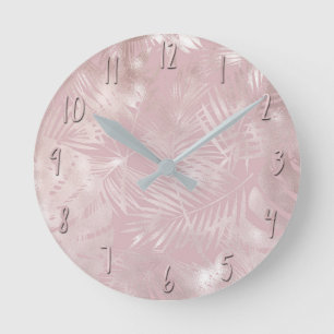 Roze Goud Roze Botanische Tropische Palmboom Blade Ronde Klok