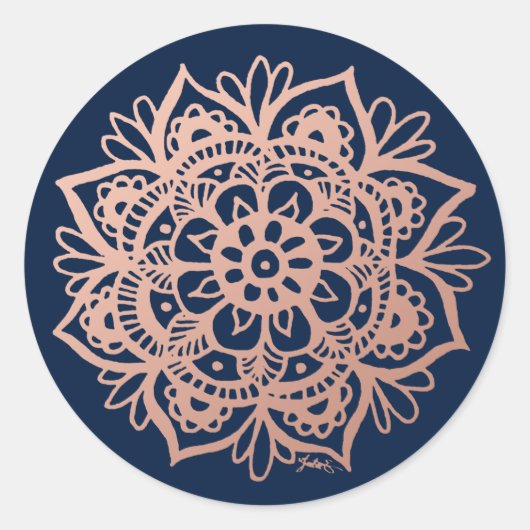 Roze Goud Roze Donkerblauwe Mandala Bloem Ronde Sticker (Voorkant)