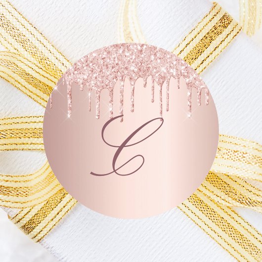 Roze goud roze druppels monogram initiaal ronde sticker