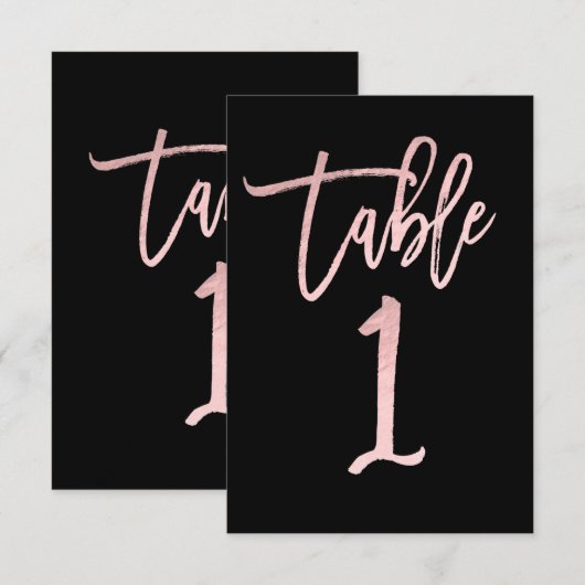 Roze Goud Roze Folie Moderne Script Tafel Nummer 1 Kaart (Voorkant / Achterkant)