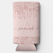 Roze goud roze glans glitter monogram naam seltzer blikjeskoeler (Achterkant)