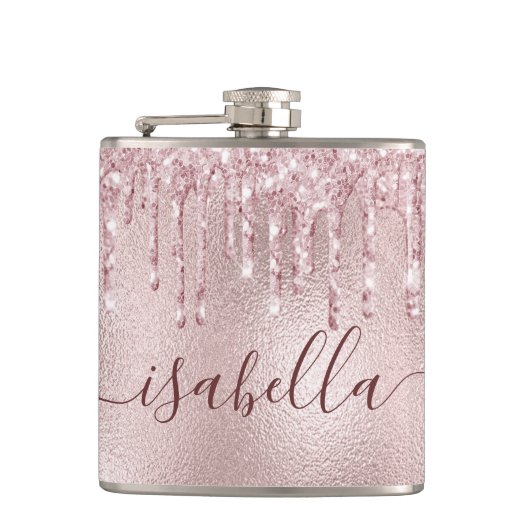 Roze goud roze glinster druppels monogram schrift heupfles (Voorkant)