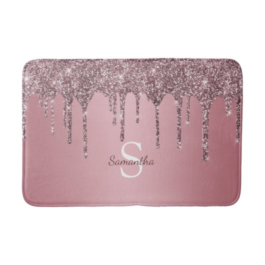 Roze Goud Roze Glitter Drup Glans Monogram Badmat (Voorkant)