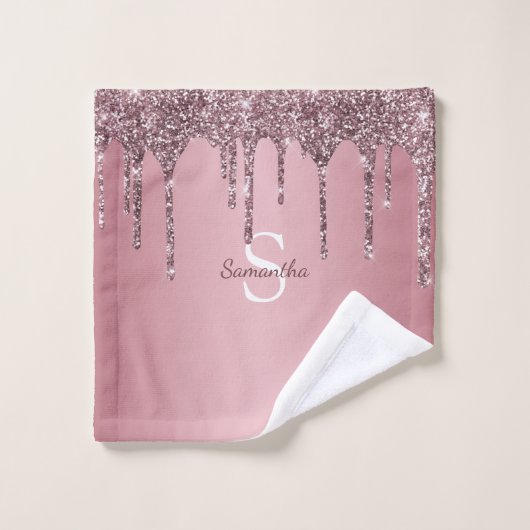 Roze Goud Roze Glitter Druppels Glans Monogram Naa Bad Handdoek (Wasdoekje)