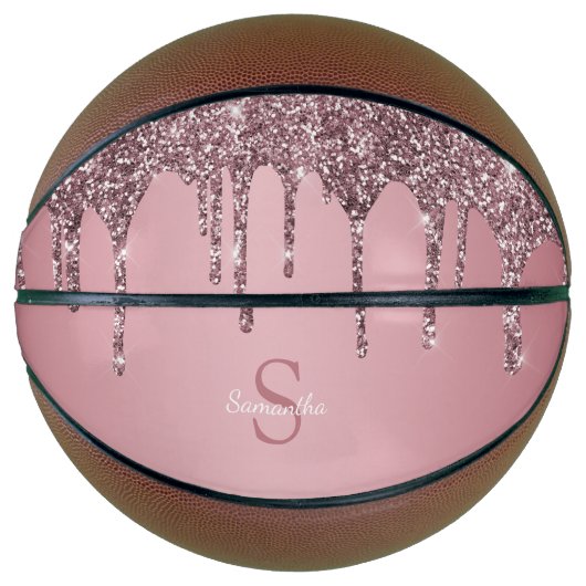 Roze Goud Roze Glitter Druppels Glans Monogram Naa Basketbal (Voorkant)
