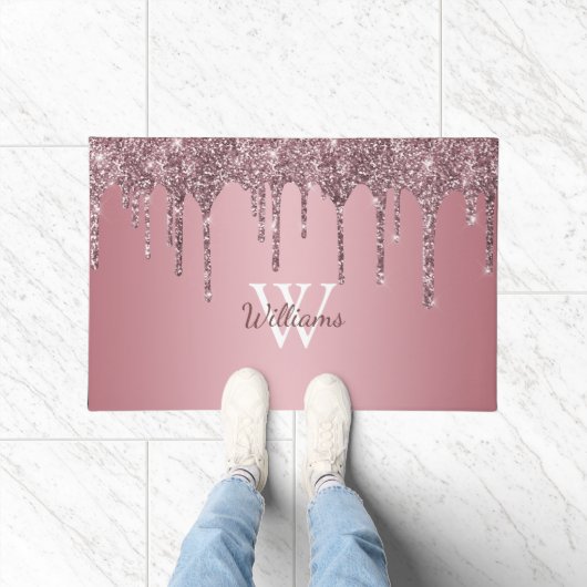 Roze Goud Roze Glitter Druppels Glans Monogram Naa Deurmat (Binnen)