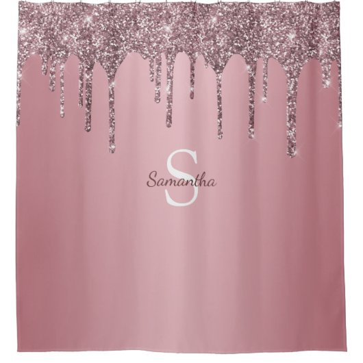 Roze Goud Roze Glitter Druppels Glans Monogram Naa Douchegordijn (Voorkant)