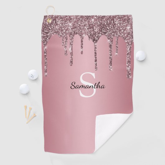 Roze Goud Roze Glitter Druppels Glans Monogram Naa Golfhanddoek (Insitu)
