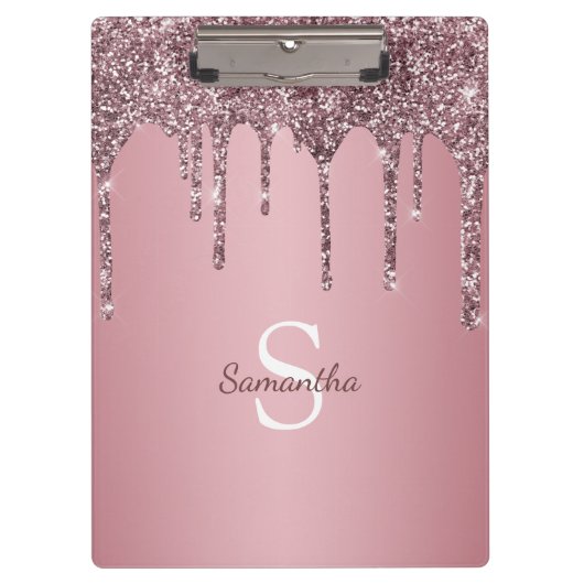 Roze Goud Roze Glitter Druppels Glans Monogram Naa Klembord (Voorkant)