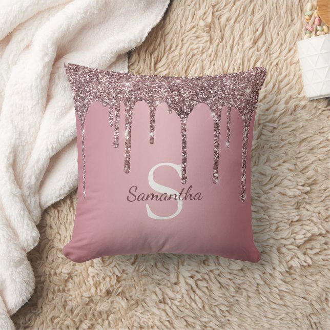 Roze Goud Roze Glitter Druppels Glans Monogram Naa Kussen (Deken)