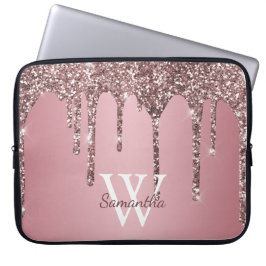 Roze Goud Roze Glitter Druppels Glans Monogram Naa Laptop Sleeve