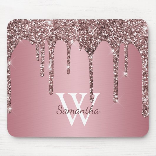 Roze Goud Roze Glitter Druppels Glans Monogram Naa Muismat (Voorkant)