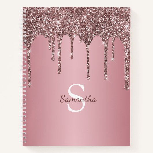 Roze Goud Roze Glitter Druppels Glans Monogram Naa Notitieboek (Voorkant)