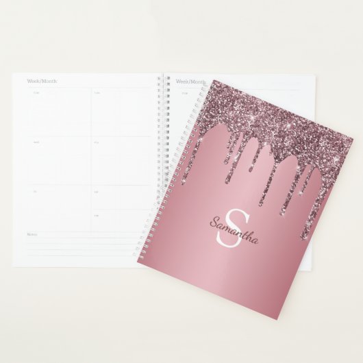Roze Goud Roze Glitter Druppels Glans Monogram Naa Planner (Display)