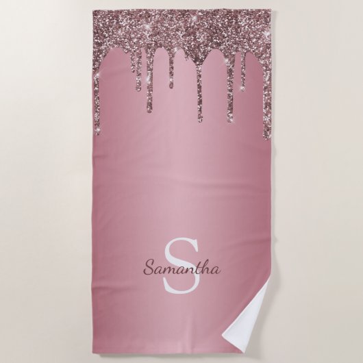 Roze Goud Roze Glitter Druppels Glans Monogram Naa Strandlaken (Voorkant)