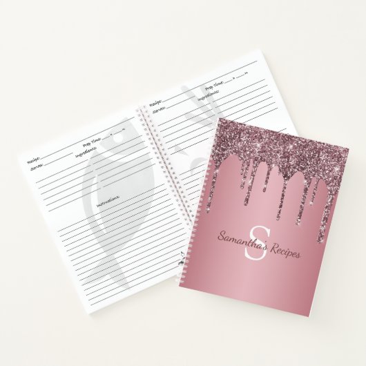 Roze Goud Roze Glitter Druppels Monogram Recept Notitieboek (Binnen)