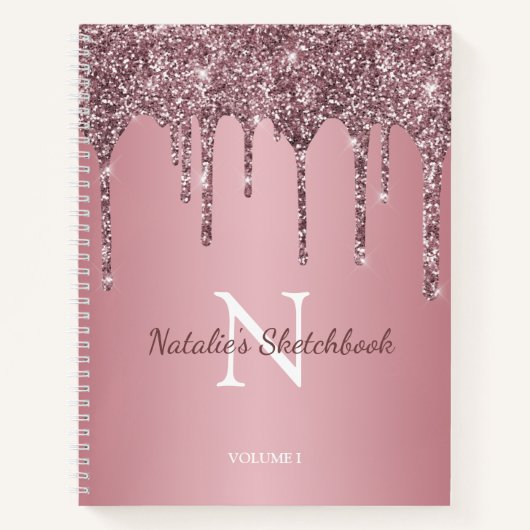 Roze Goud Roze Glitter Druppels Monogram Schetsboe Notitieboek (Voorkant)