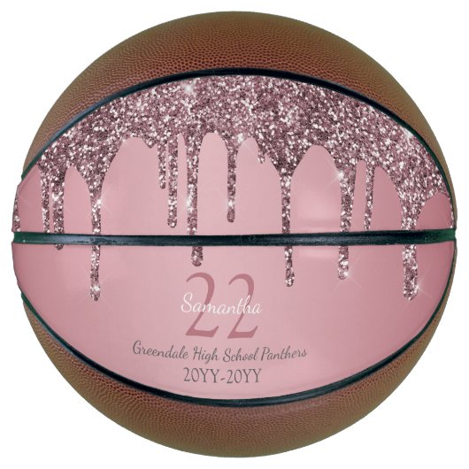 Roze Goud Roze Glitter Druppels Naam Team Nummer J Basketbal (Voorkant)