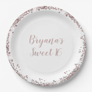 Roze Goud Roze Glitter Glam Rand Zoete 16 Feestje Papieren Bordje
