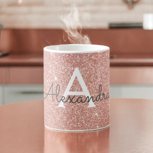 Roze Goud - Roze Glitter Glans Monogram Naam Koffiemok