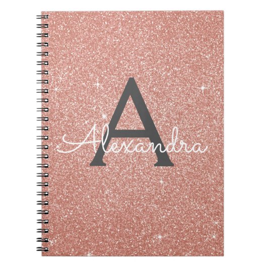 Roze Goud Roze Glitter Glans Monogram Notitieboek (Voorkant)