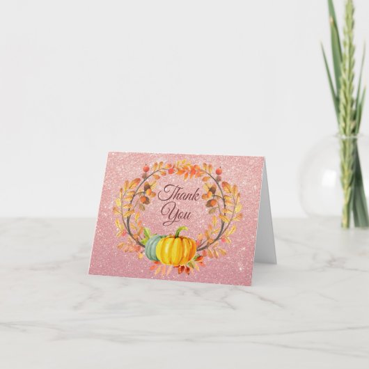 Roze Goud Roze Glitter Herfst Pompoen Bedankt kaar (Voorkant)