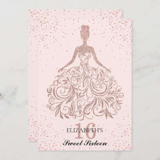 Roze Goud Roze Glitter Jurk Sweet 16e Verjaardag Kaart (Voorkant / Achterkant)