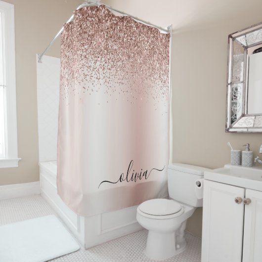 Roze Goud - Roze Glitter Metaal Monogram Naam Douchegordijn (In situ)
