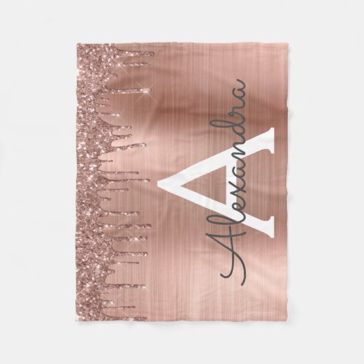 Roze Goud - Roze Glitter Metaal Monogram Naam Fleece Deken (Voorkant)
