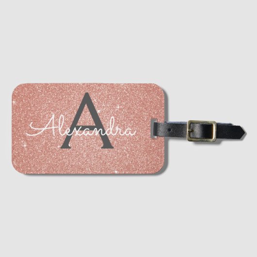 Roze Goud Roze Glitter Monogram Naam Bagagelabel (Voorkant (horizontaal))
