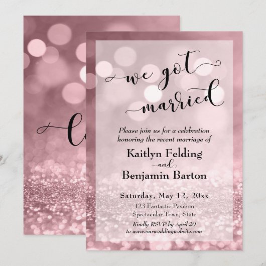 Roze Goud Roze Glitters Bokeh We Zijn Getrouwd Kaart (Voorkant / Achterkant)