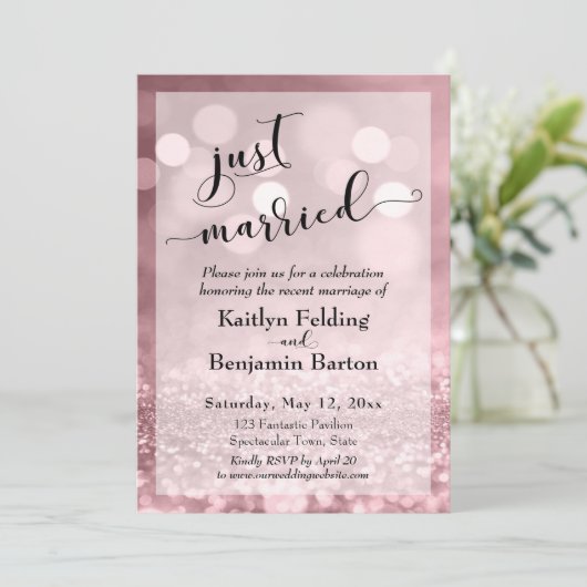 Roze Goud Roze Glitters Bokeh We Zijn Getrouwd Kaart (Staand voorkant)