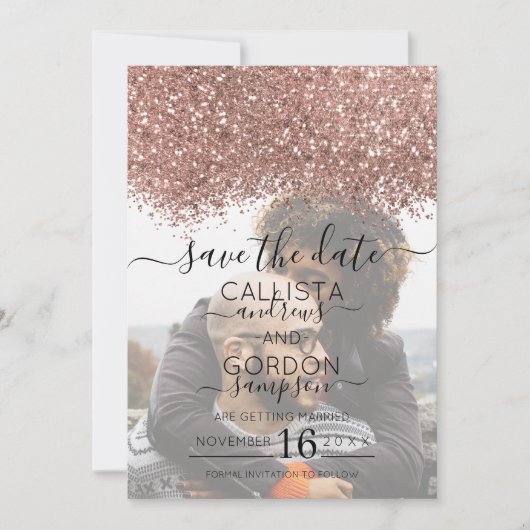 Roze Goud Roze Glitters Confetti Foto Bruiloft Save The Date (Voorkant)