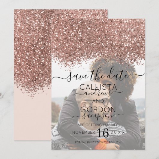 Roze Goud Roze Glitters Confetti Foto Bruiloft Save The Date (Voorkant / Achterkant)