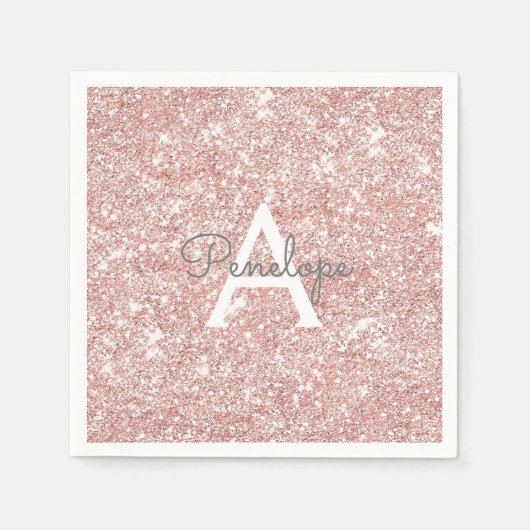 Roze goud roze glitters en monogram met glitters servet (Voorkant)