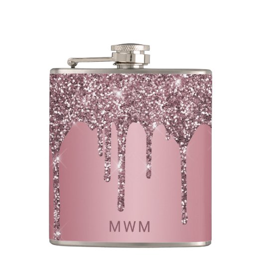 Roze Goud Roze Glitters Glans Druppels Monogram 18 Heupfles (Voorkant)