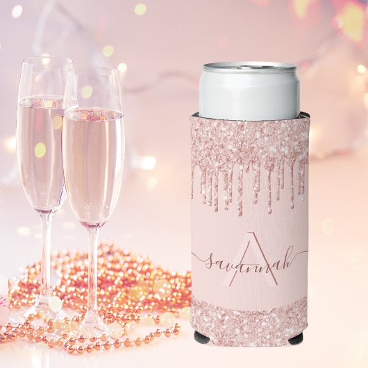 Roze goud roze glitters glitter monogram naam seltzer blikjeskoeler