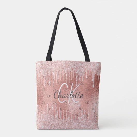 Roze goud roze glittersparelende monogram glamour tote bag (Achterkant)