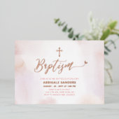 Roze Goud & Roze Hart Meisje Doopfeest Folie Uitnodiging (Staand Voorkant)
