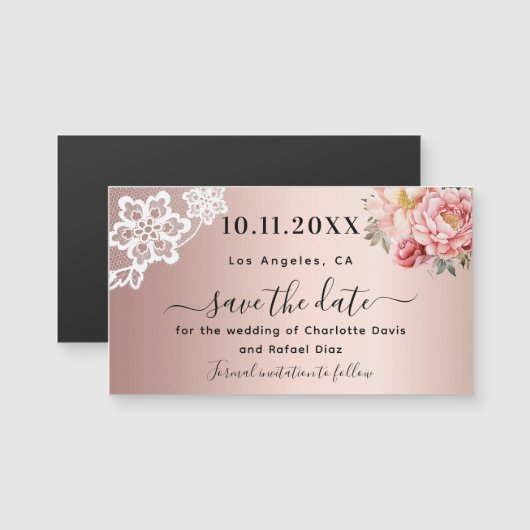 Roze goud roze kant trouw Save the Date-magneet (Voorkant / Achterkant)