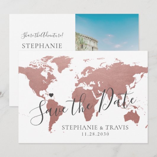 Roze Goud Roze Landkaart Bestemming Reis Trouw Fot Save The Date (Voorkant / Achterkant)