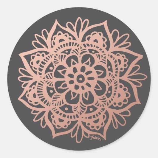Roze Goud Roze Mandala Bloem op Grijs Ronde Sticker (Voorkant)